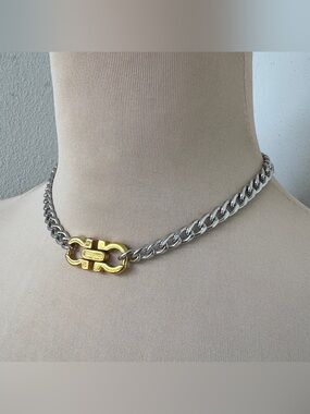 Custom Vintage Two-tone Ferragamo Necklace Silver Gold Curb Chain Choker | 15”